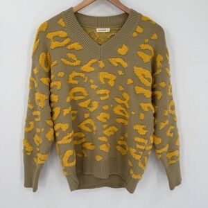 And The Way Textured Leopard Print V-Neck Sweater Yellow Light Olive Tan Small